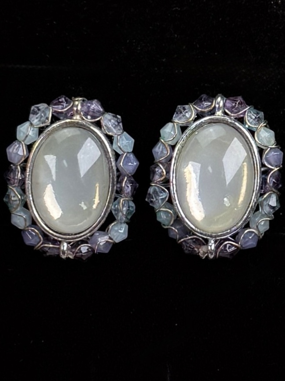 Vintage LC Silvertone Purple Green Clip on Earrings